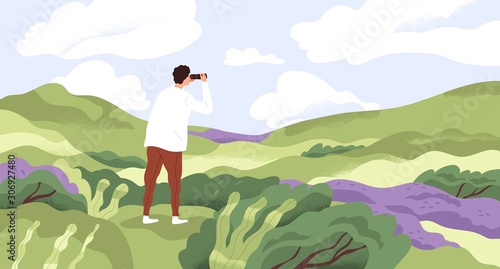 Nature lover flat vector illustration. Man with binoculars enjoying scenic landscape. Searching new horizons, life goals. Explorer cartoon character. Outdoor activity, discovery, exploration.