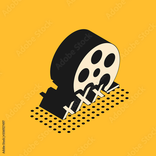 Isometric Film reel with inscription XXX icon isolated on yellow background. Age restriction symbol. 18 plus content sign. Adult channel. Vector Illustration