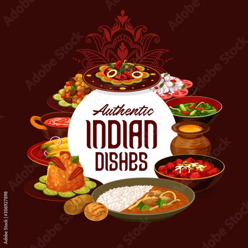 Indian cuisine restaurant menu, traditional India food dishes. Vector fish salad, perch in Bengali style and lamb meat skewers, bughi bahor snack with rice garnish and curry chicken