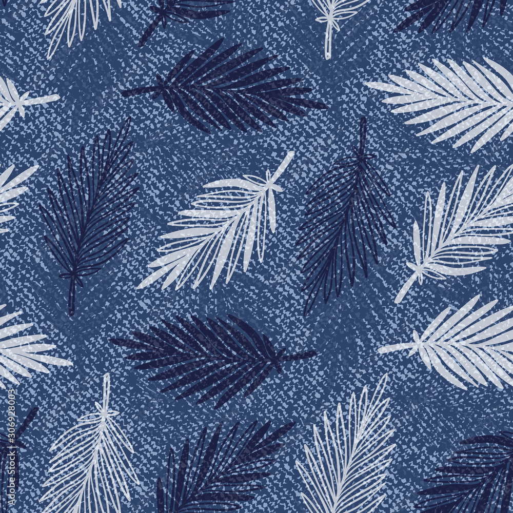 Denim Floral Seamless Pattern with Tropical Palm Tree Leaves. Vector