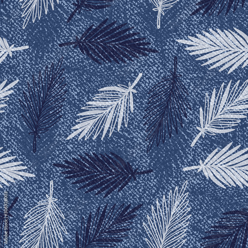 Denim Floral Seamless Pattern with Tropical Palm Tree Leaves. Vector Background with Hand Drawn Doodle Palm Leaf Sketch Drawing. Blue Jeans Cloth Texture with Flowers and Leaves