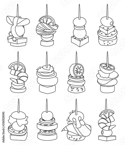 Canape of appetizer line vector illustration on white background .Canape for buffet set icon. Vector illustration cold food.Set icon cold appetizer.