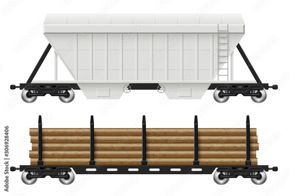 Railroad cars - hopper and log with view from side. Cargo train wagons on  white background vector illustration. All elements in the groups on  separate layers for easy editing and recolor Stock