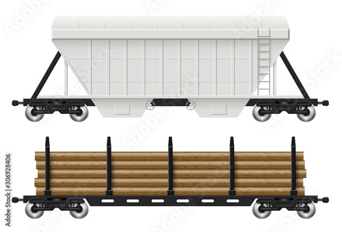 Railroad cars - hopper and log with view from side. Cargo train wagons on white background vector illustration. All elements in the groups on separate layers for easy editing and recolor