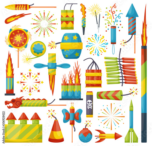 Christmas firework cartoon vector set icon.Vector illustration celebrate firecracker.Isolated cartoon vector set icon of christmas firework on white background .