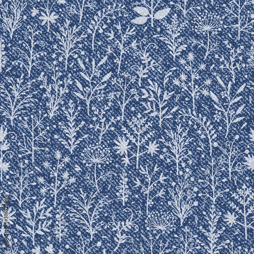 Denim Floral Seamless Pattern. Vector Background with Doodle Branches, Leaves, Flowers and Berries. Blue Jeans Cloth Texture with Wildflowers and Grass