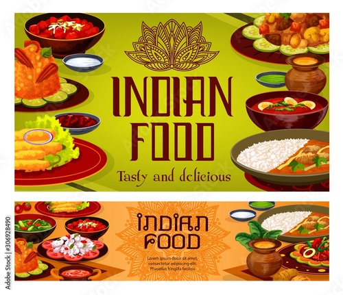 Indian cuisine menu food dishes, traditional authentic India restaurant meals. Vector fish salad, perch in Bengali style and lamb skewers, bughi bahor snack with rice garnish and curry chicken