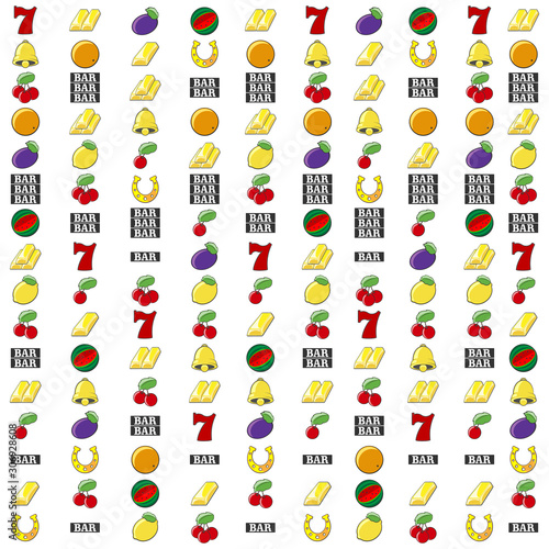 Vector slot machine symbols set background. Lucky number seven, Golden bell, orange, plum, one two and three cherries. Watermelon. The inscription BAR. Lemon, horseshoe. One two and three bars of gold