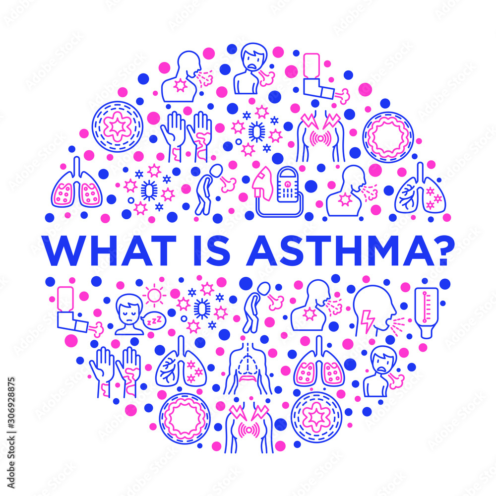 Asthma concept in circle with thin line icons: allergen, dyspnea, cough, wheezing, chest pain, diaphragm, asthma attack, hives, sputum, peak flow meter, inhaler, nebulizer. Modern vector illustration. Asthma concept in circle with thin line icons: allergen, dyspnea, cough, wheezing, chest pain, diaphragm, asthma attack, hives, sputum, peak flow meter, inhaler, nebulizer. Modern vector illustration.