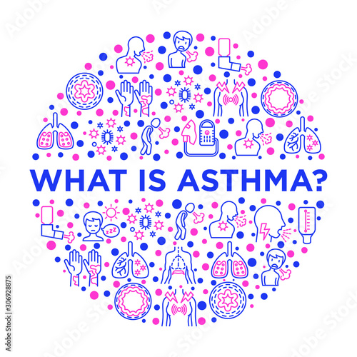 Asthma concept in circle with thin line icons: allergen, dyspnea, cough, wheezing, chest pain, diaphragm, asthma attack, hives, sputum, peak flow meter, inhaler, nebulizer. Modern vector illustration.