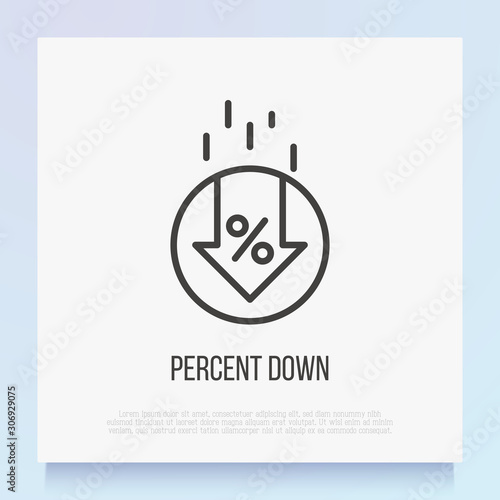 Percent down thin line icon. Special offer, sale. Cost reduction. Modern vector illustration.