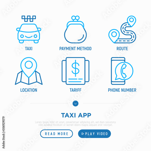 Taxi app thin line icons set: payment method, promocode, info, location, pointer, rating. Vector illustration.