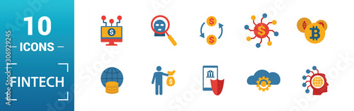 Fintech icon set. Include creative elements online banking, direct payment, fintech, cryptocurrency, fintech industry icons. Can be used for report, presentation, diagram, web design