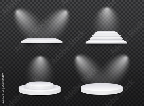 Set of white template. 3d base stand podium or studio pedestal round platform showroom illustration.