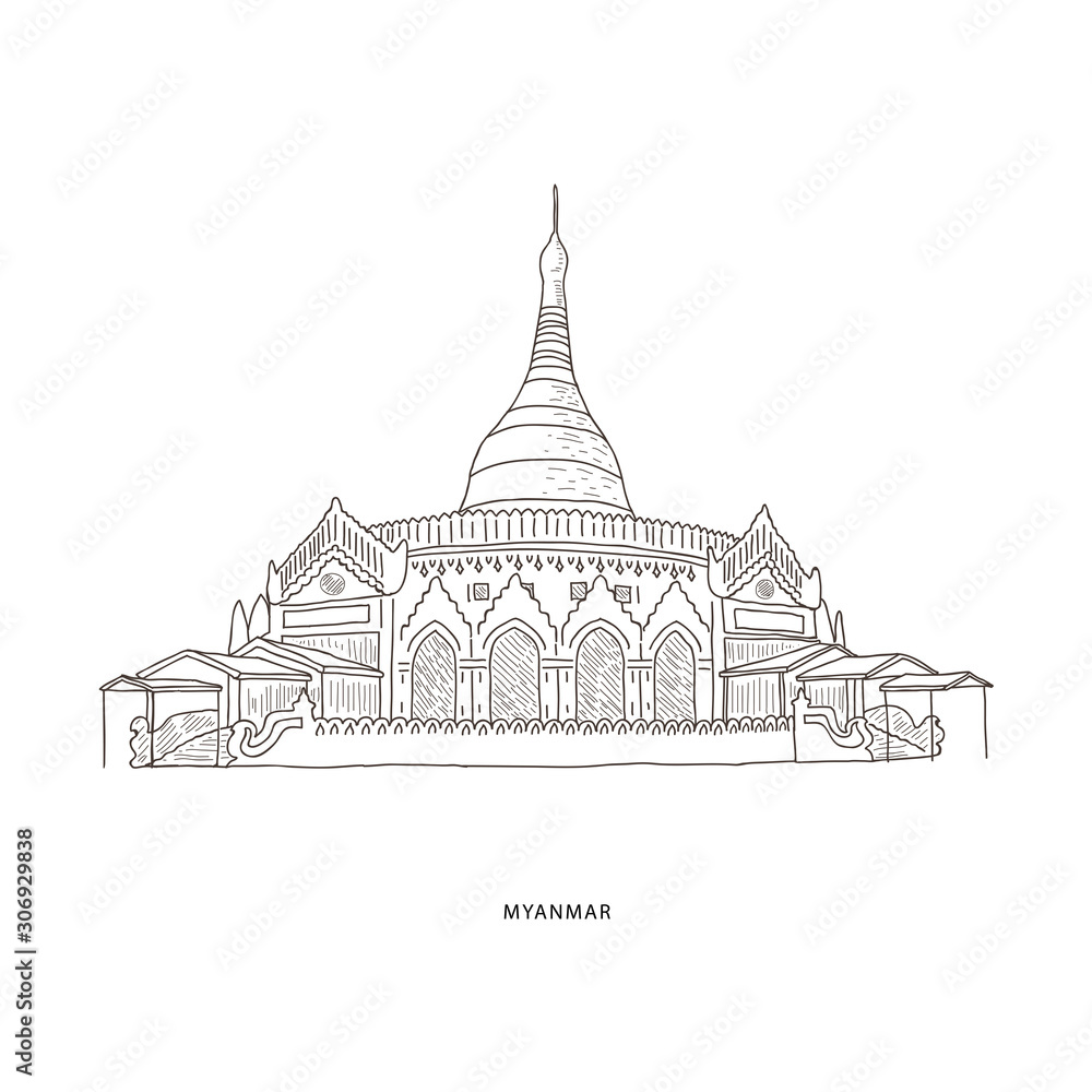 Travel illustration with attraction of Myanmar