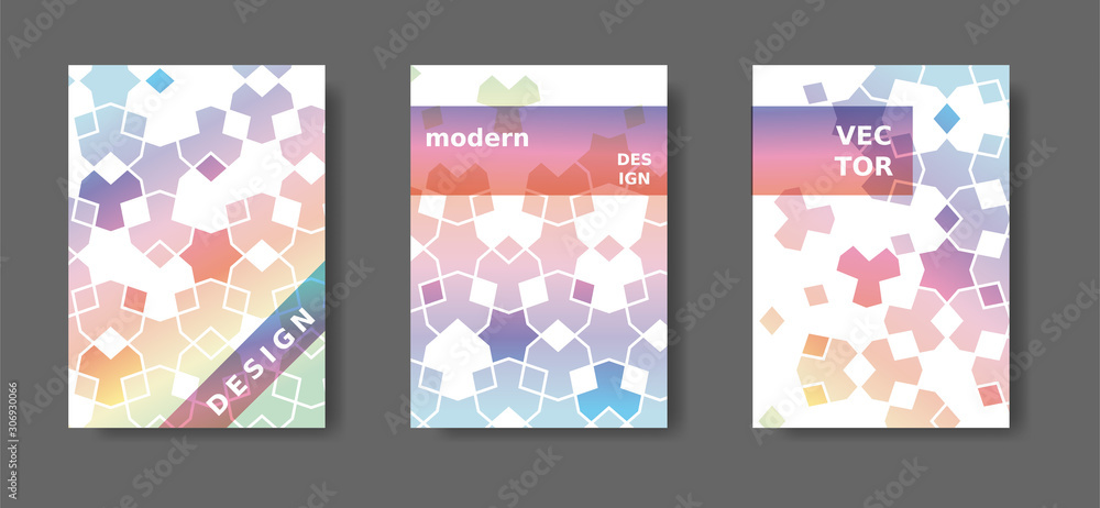 Arabic modern poster set. Rainbow geometric poster,catalog,magazine, report modern set. Vector A4 cover design with arabic mosaic.