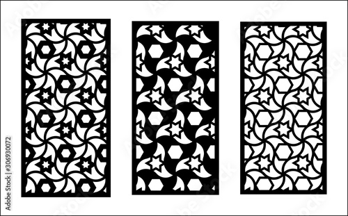 Jali cnc laser pattern. Set of decorative vector panels for laser cutting. Islamic template for interior partition in arabesque style. Ratio 1:2 photo