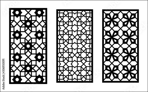 Islamic laser pattern. Set of decorative vector panels for laser cutting. Islamic template for interior partition in arabesque style. Ratio 1:2