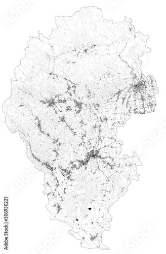 Satellite map of province of Vicenza, towns and roads, buildings and connecting roads of surrounding areas. Veneto, Italy. Map roads, ring roads