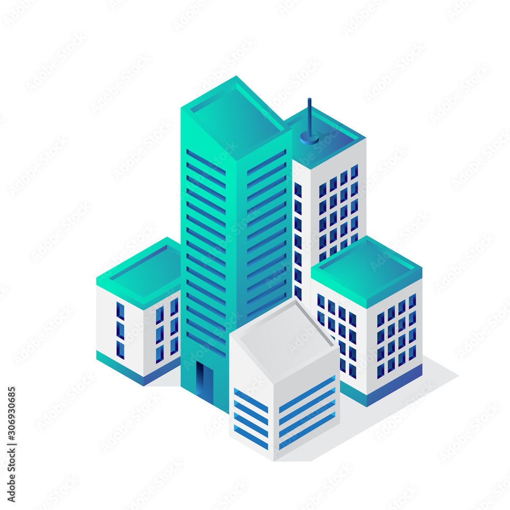 Isometric building 3d icon, city vector illustration template