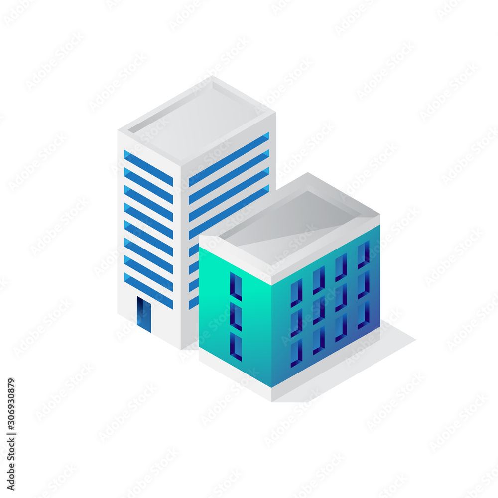 Isometric building 3d icon, city vector illustration template