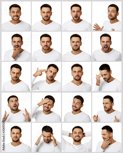 collage of portraits of handsome bearded man with different positive and negative emotions on white background