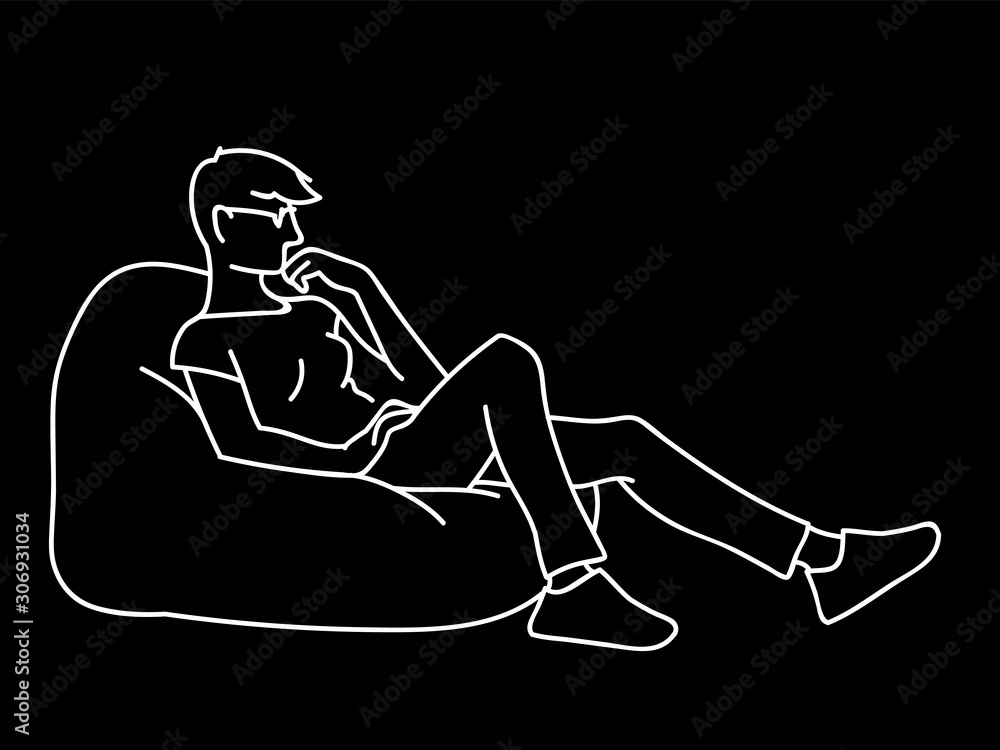 Woman sitting on big pillow. Sketch. Vector illustration of thoughtful girl sitting, one leg bent, other straight in simple line art style on black background. Concept. Monochromous minimalism.