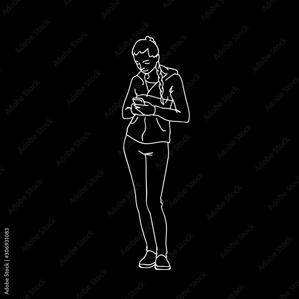 Fototapeta premium Smiling cute girl with phone. Side view. Monochrome vector illustration of sporty young woman looking in her smartphone, communicating online in simple line art style. White lines on black background.
