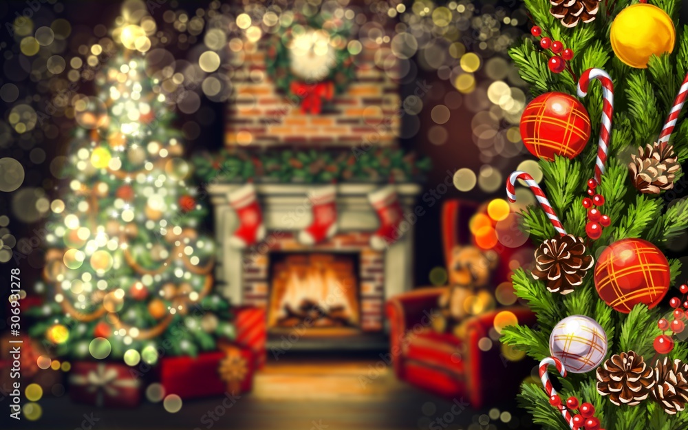 Fototapeta premium Christmas wreath with decorative ornaments on blurred background beautifully decorated room in the style of Christmas, symbol of Christmas and new year, greeting card, art illustration painted with