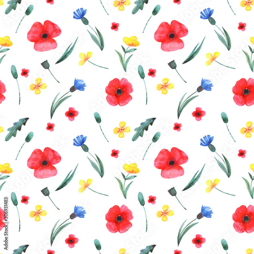 Watercolor seamless pattern with wildflowers. photo