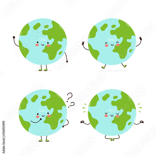 Cute happy Earth planet character set