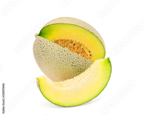 Japanese melon and seeds cut slice isolated on white background with clipping path
