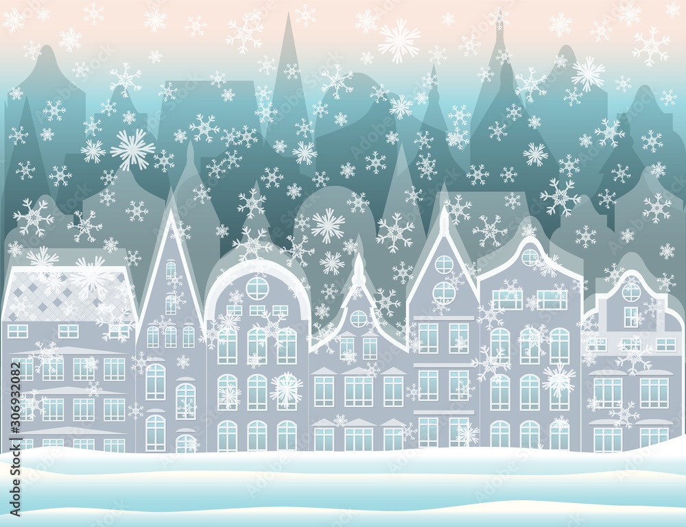 Winter city wallpaper, vector illustration