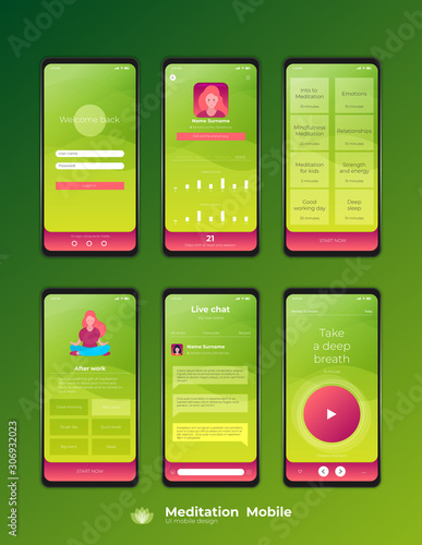 Mobile UI / UX Template Mockup - Wireframe Meditation App Concept