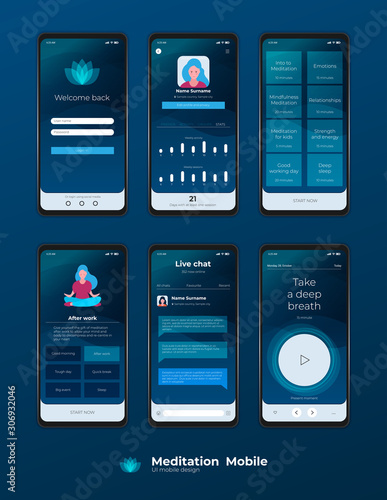 Mobile UI / UX Template Mockup - Wireframe Meditation App Concept