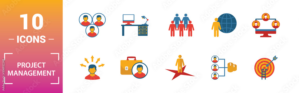 Project Management icon set. Include creative elements goal seeking ...