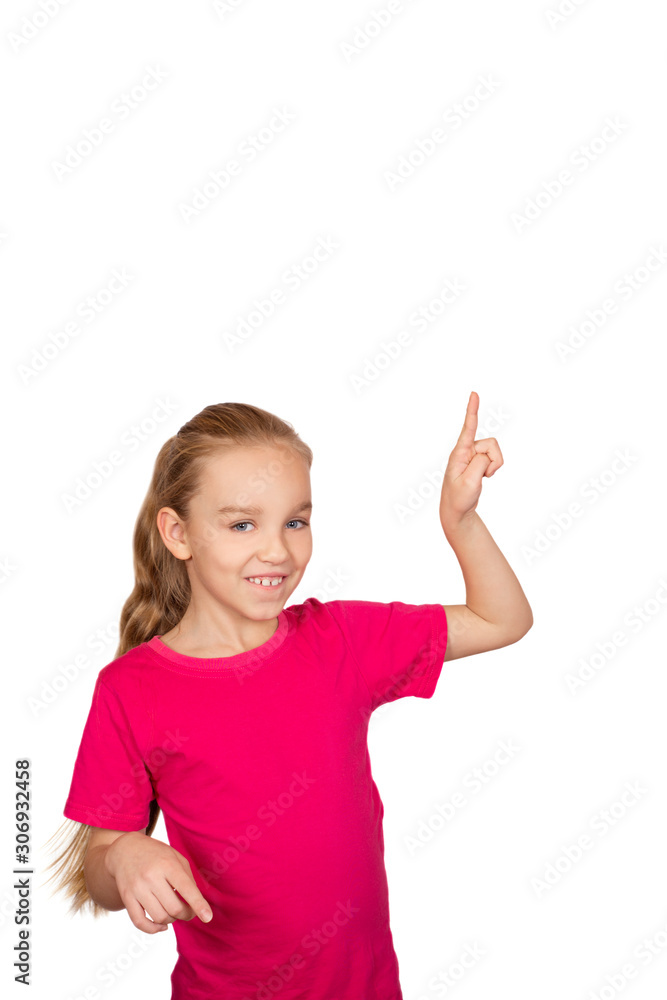 Portrait of girl with long light brown hair in pink T-shirt isolated on white Portrait of girl with long light brown hair in pink T-shirt isolated on white