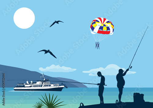 An elderly fisherman on the shore with a spinning rod. Fishing at sea. Mountains, seagulls, ship photo