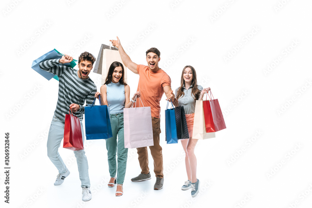 emotional friends with shopping bags together, isolated on white