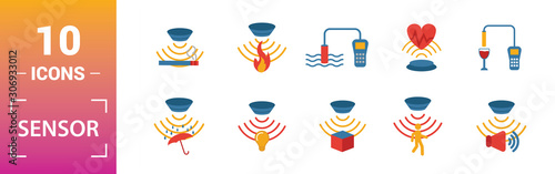 Sensor icon set. Include creative elements water quality sensor, smoke detector, gas, rain sensor, humidity sensor icons. Can be used for report, presentation, diagram, web design