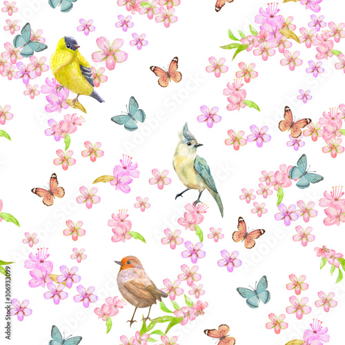 floral seamless pattern with cute birds and flowers of cherry. watercolor painting