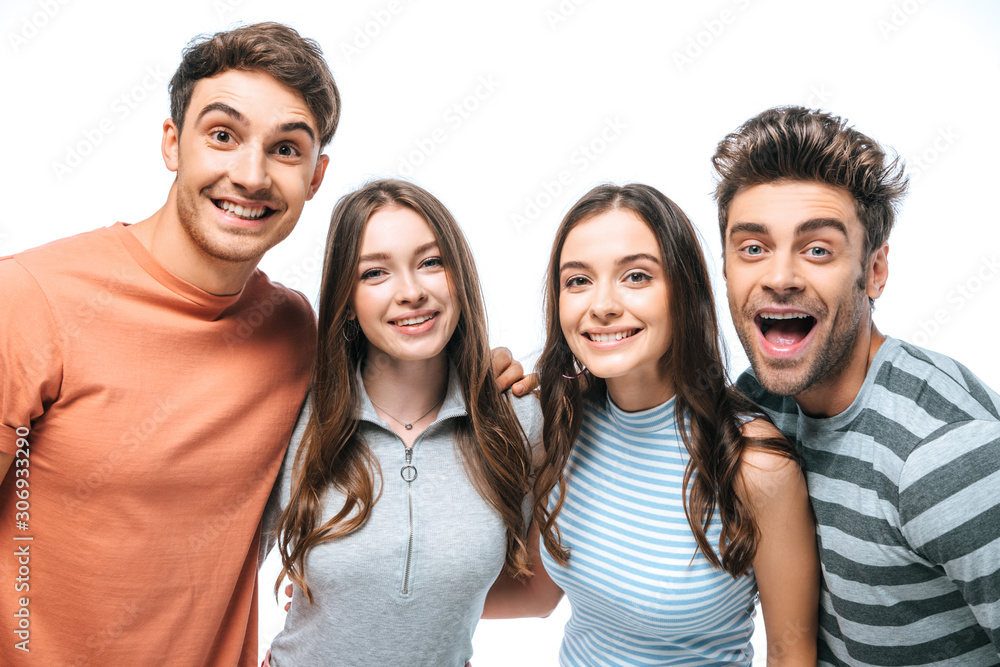 happy friends screaming and hugging together isolated on white happy friends screaming and hugging together isolated on white