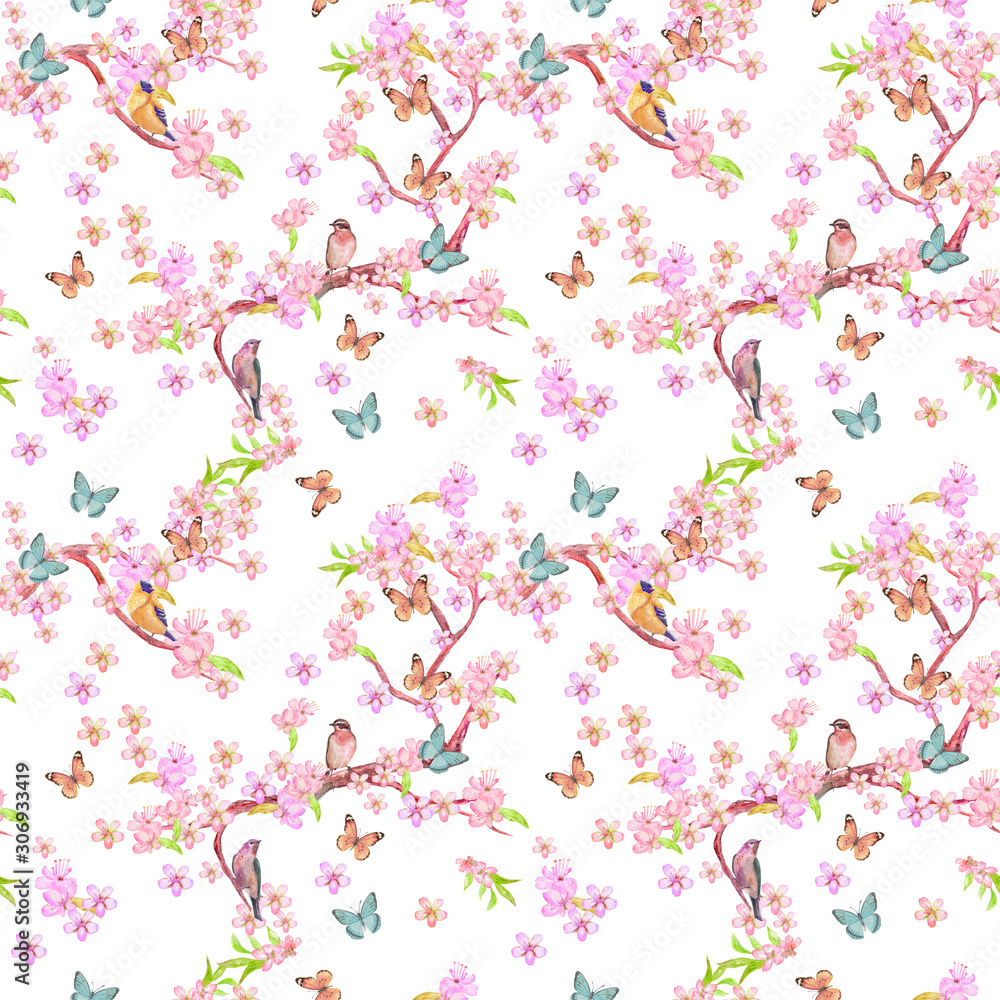 nature seamless pattern with cute birds on branches tree of cherry. watercolor painting