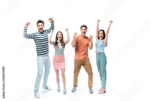 excited friends yelling and celebrating triumph, isolated on white