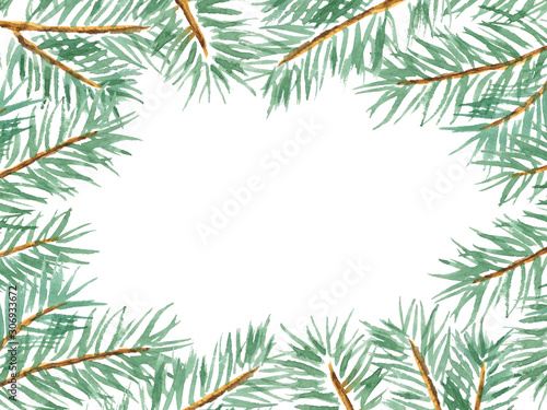 Christmas and New Year watercolor frame arranging of spruce