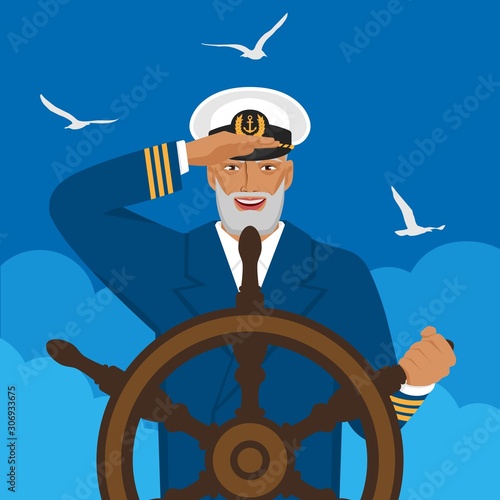 Captain looks into distance standing at helm of boat