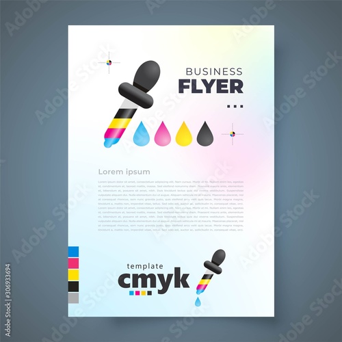 Flyer polygraphy theme, cmyk pipette drops, design template cover