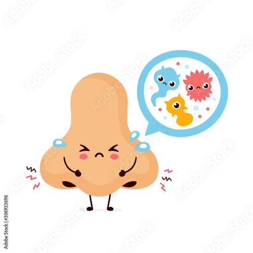 Cute sad nose with bacterias. Vector 