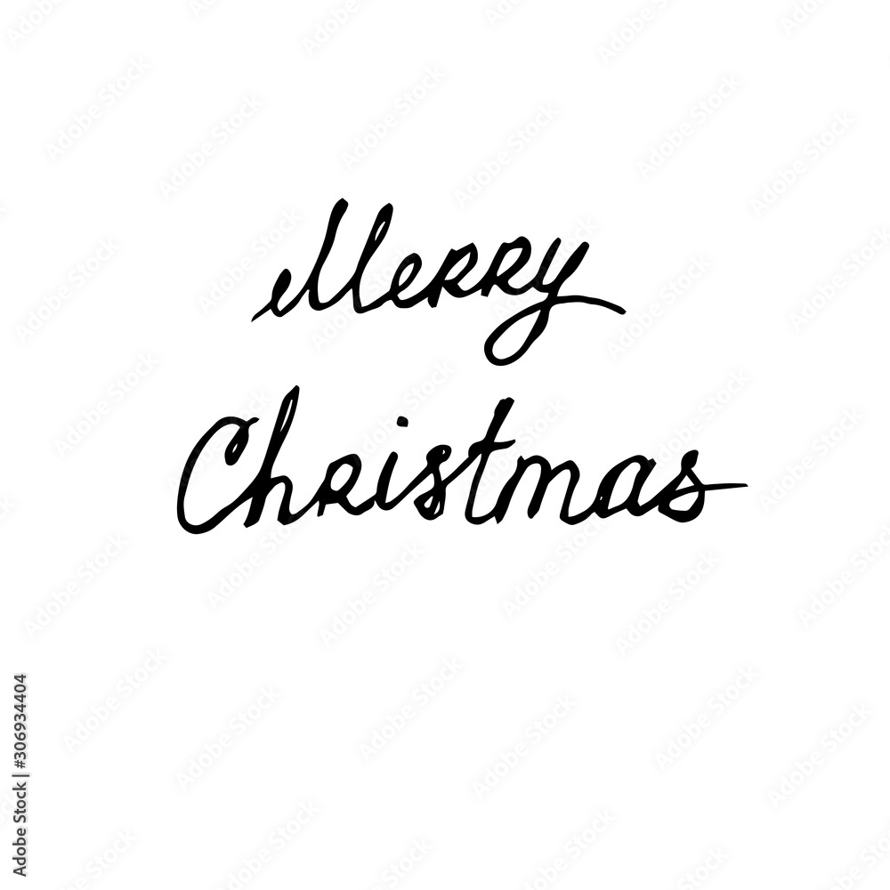 Lettering Ink Pen letters Merry Christmas. Hand draw sketch. Vector calligraphy illustration isolated on white background. Typography for banners, badges, postcard, t-shirt, prints, posters. EPS10