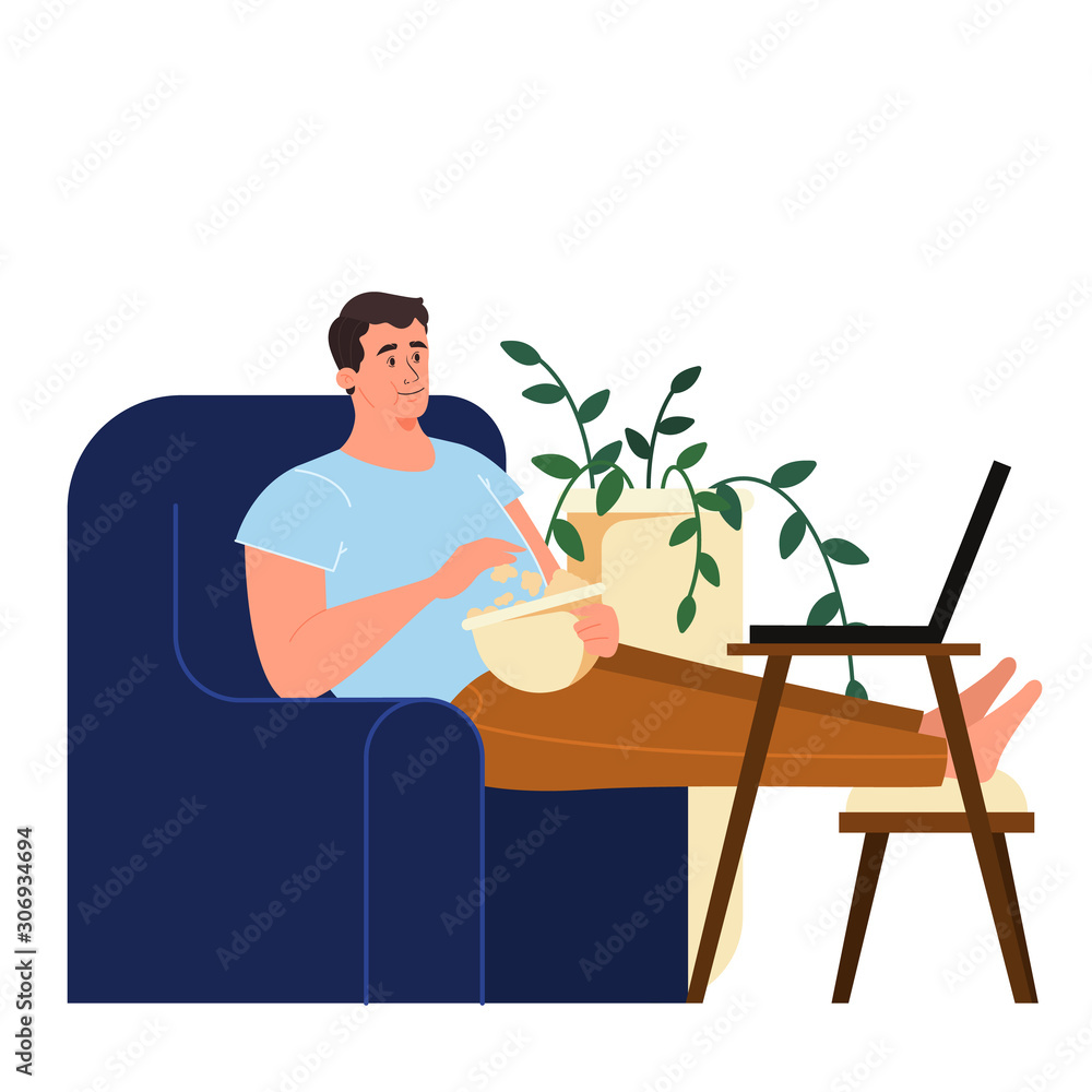 People with laptop computer. Character watching a movie